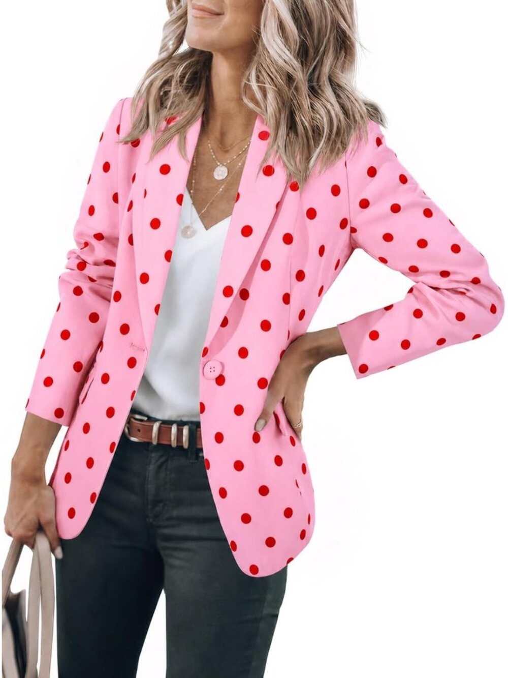 🆕Women's Pink Polka Casual Notch Lapel Work Office Business Blazer Suit Jacket